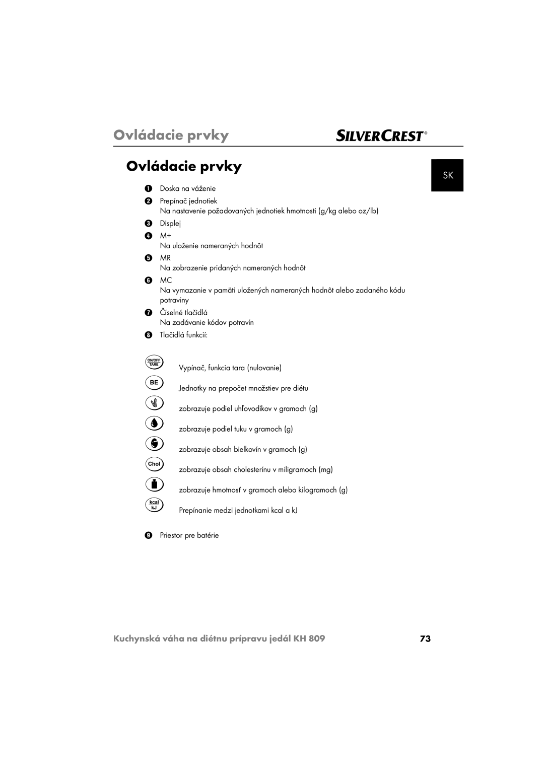 Kompernass KH809 operating instructions Ovládacie prvky 