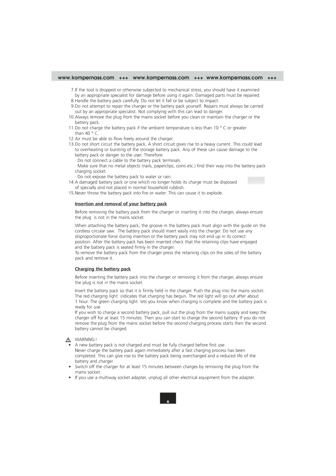 Kompernass PAHKS 18V manual Insertion and removal of your battery pack 