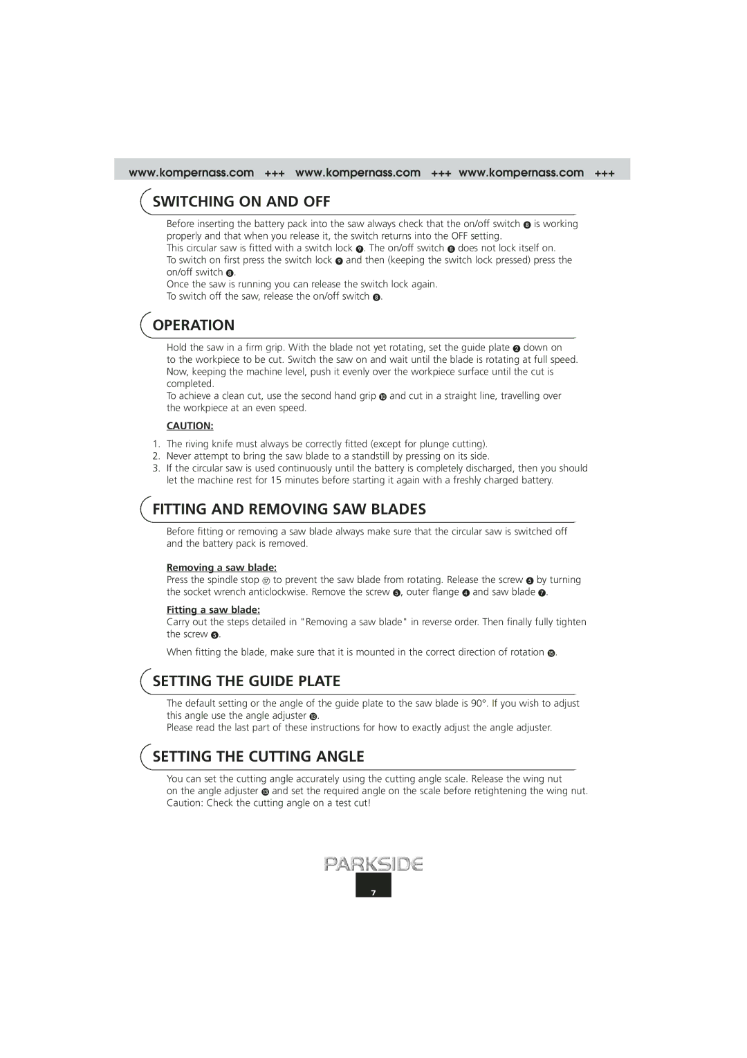 Kompernass PAHKS 18V manual Switching on and OFF, Operation, Fitting and Removing SAW Blades, Setting the Guide Plate 