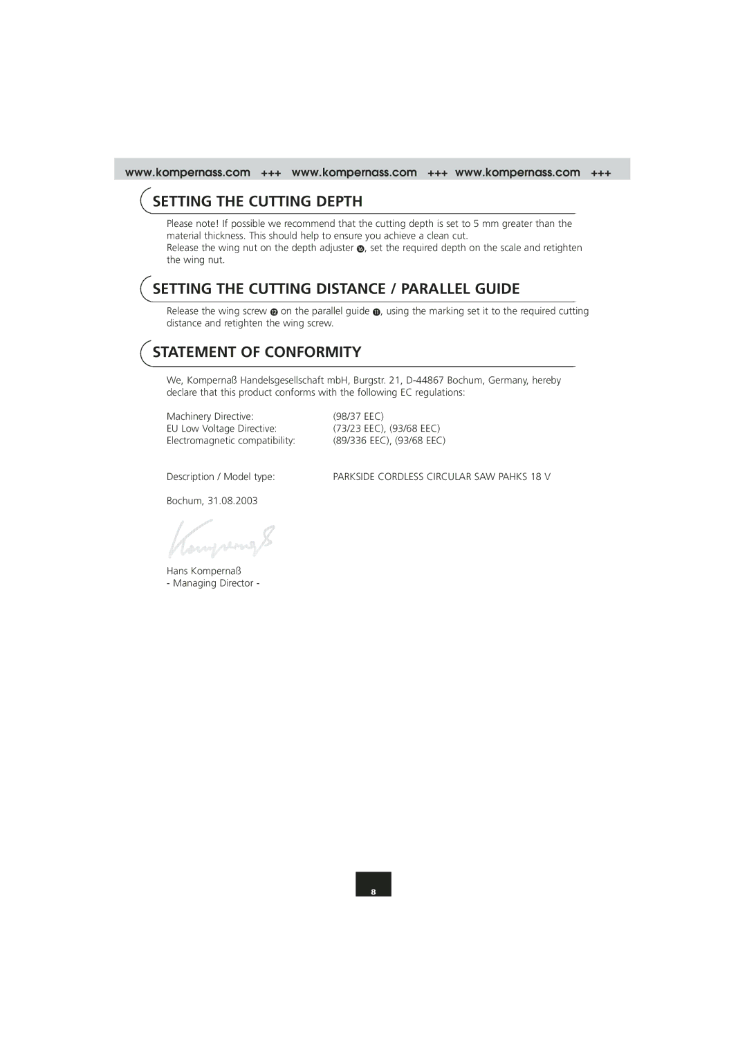 Kompernass PAHKS 18V Setting the Cutting Depth, Setting the Cutting Distance / Parallel Guide, Statement of Conformity 