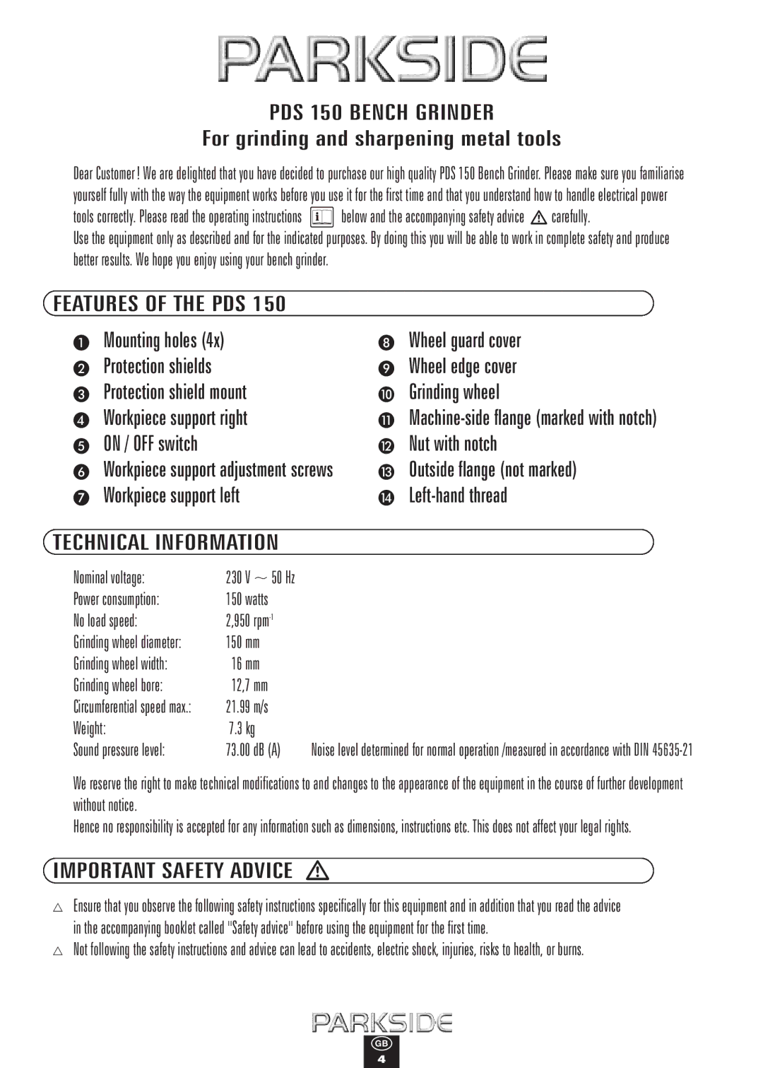 Kompernass manual PDS 150 Bench Grinder, Important Safety Advice 