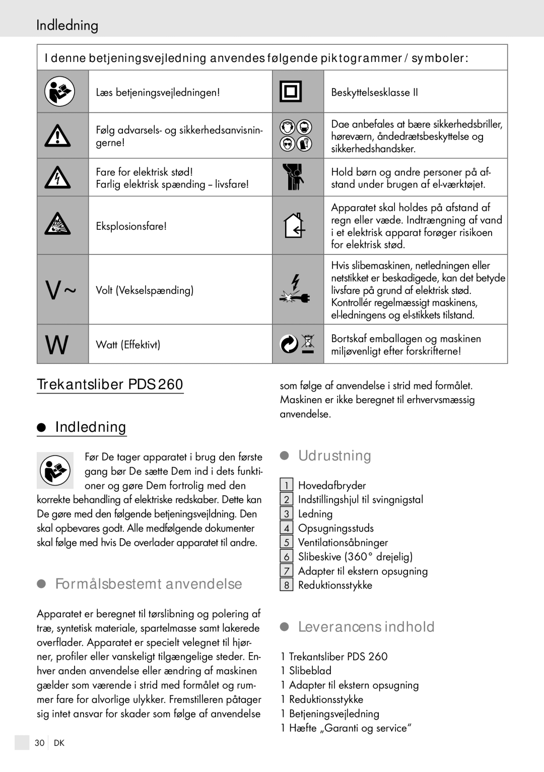 Kompernass PDS 260 manual Indledning, Trekantsliber PDS, Udrustning, Formålsbestemt anvendelse, Leverancens indhold 