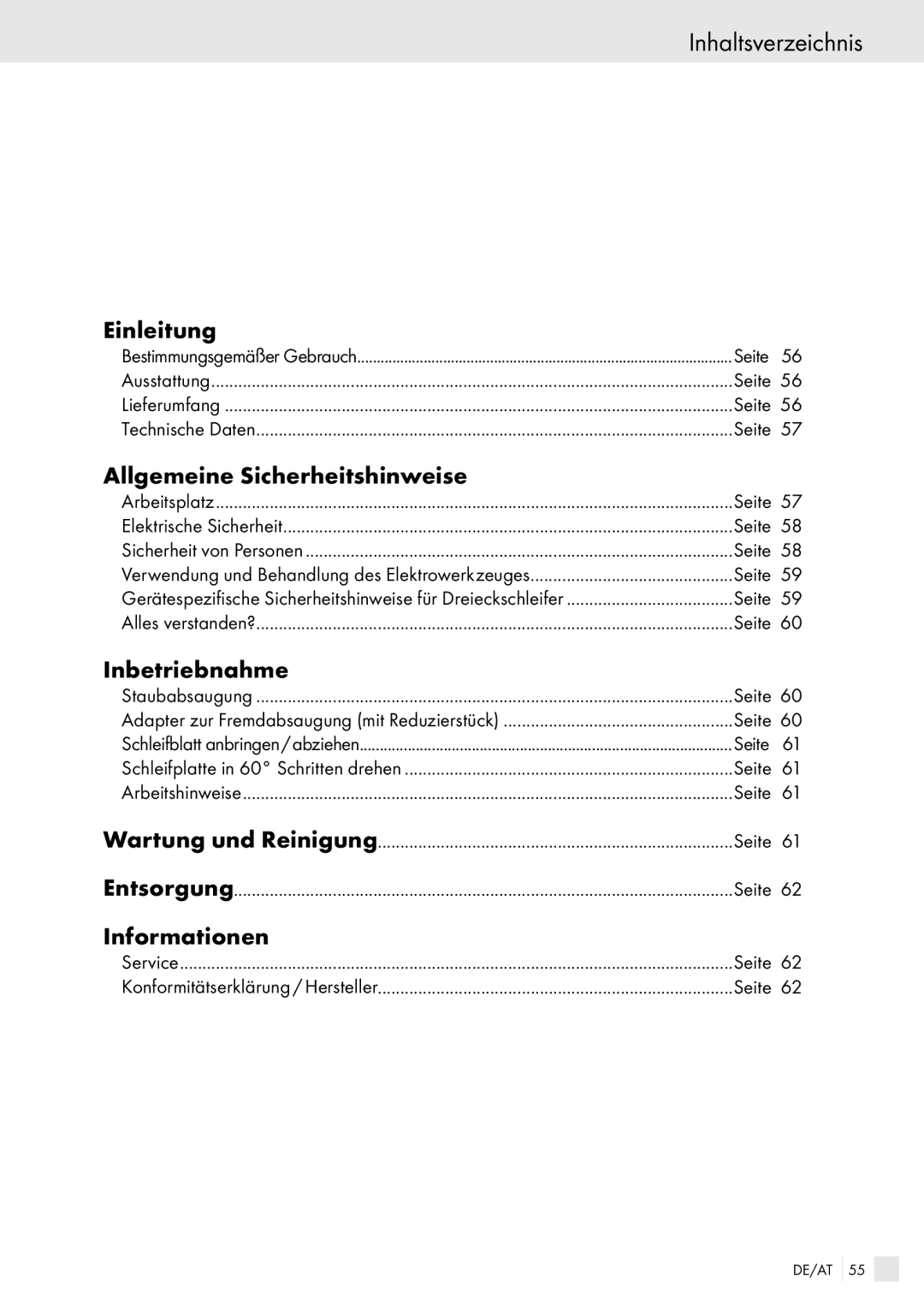 Kompernass PDS 260 manual Inhaltsverzeichnis, Einleitung, Allgemeine Sicherheitshinweise, Inbetriebnahme, Informationen 