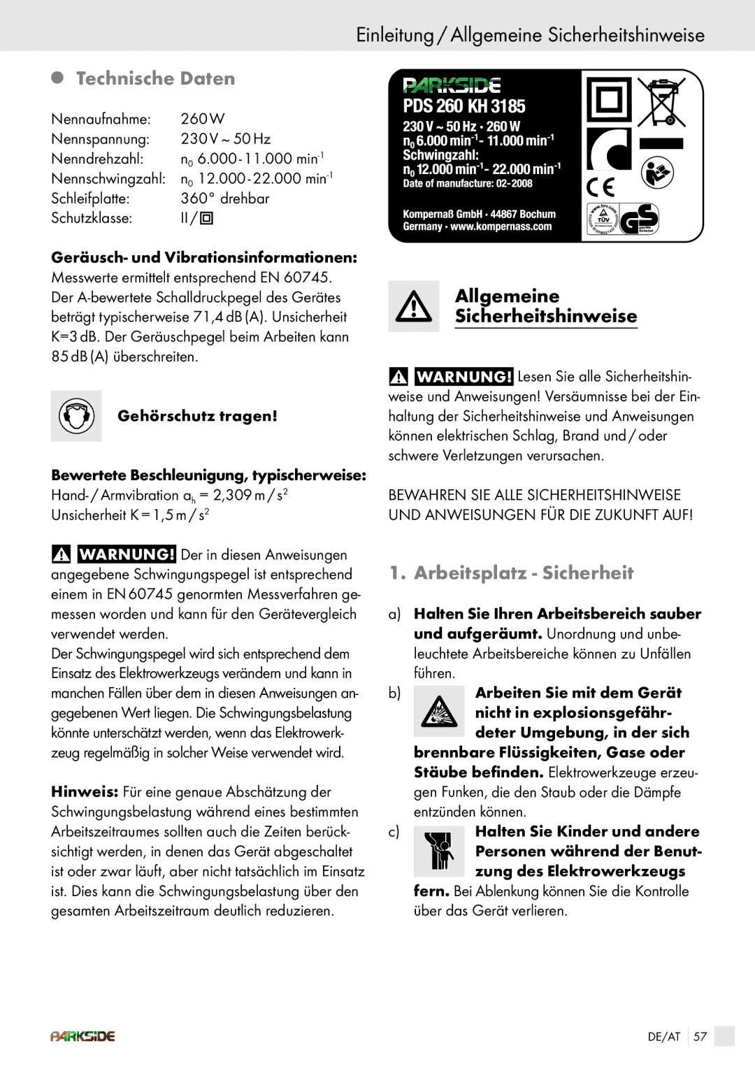 Kompernass PDS 260 manual Einleitung / Allgemeine Sicherheitshinweise, Technische Daten, Arbeitsplatz Sicherheit 