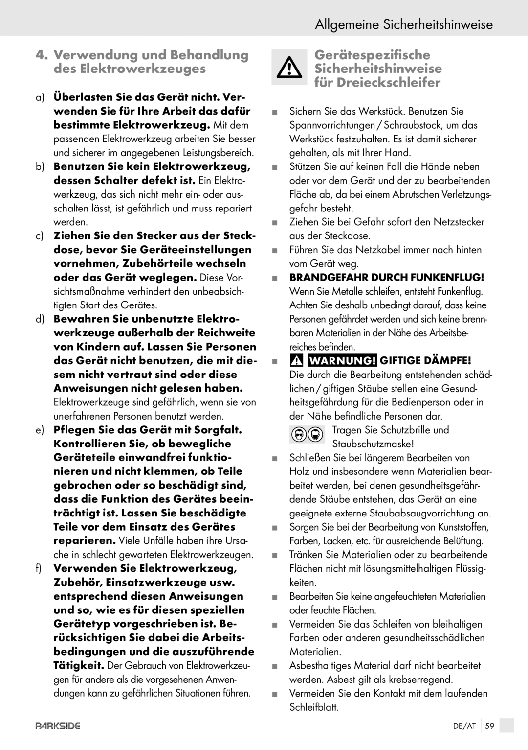 Kompernass PDS 260 manual Verwendung und Behandlung des Elektrowerkzeuges, Warnung! Giftige Dämpfe 