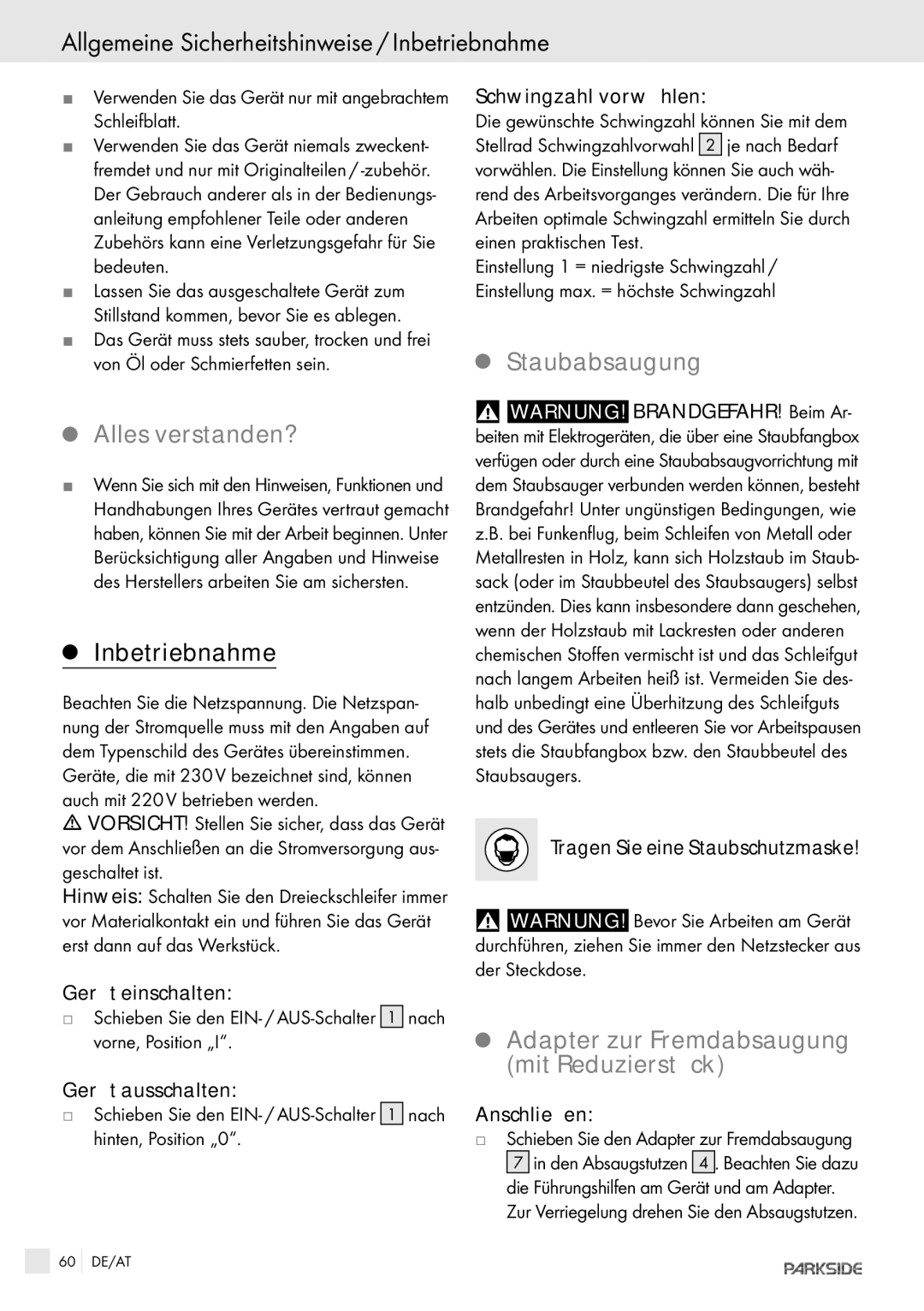 Kompernass PDS 260 manual Allgemeine Sicherheitshinweise / Inbetriebnahme, Alles verstanden?, Staubabsaugung 