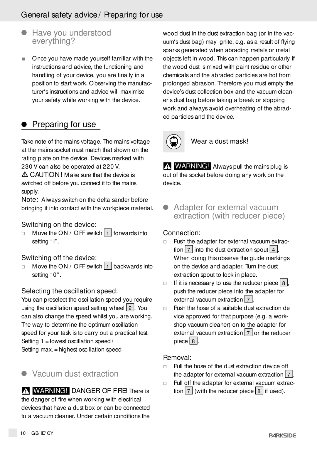 Kompernass PDS 260 General safety advice / Preparing for use, Have you understood everything?, Vacuum dust extraction 