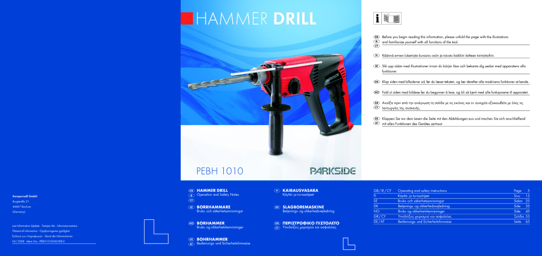 Kompernass PEBH 1010 manual Hammer Drill 