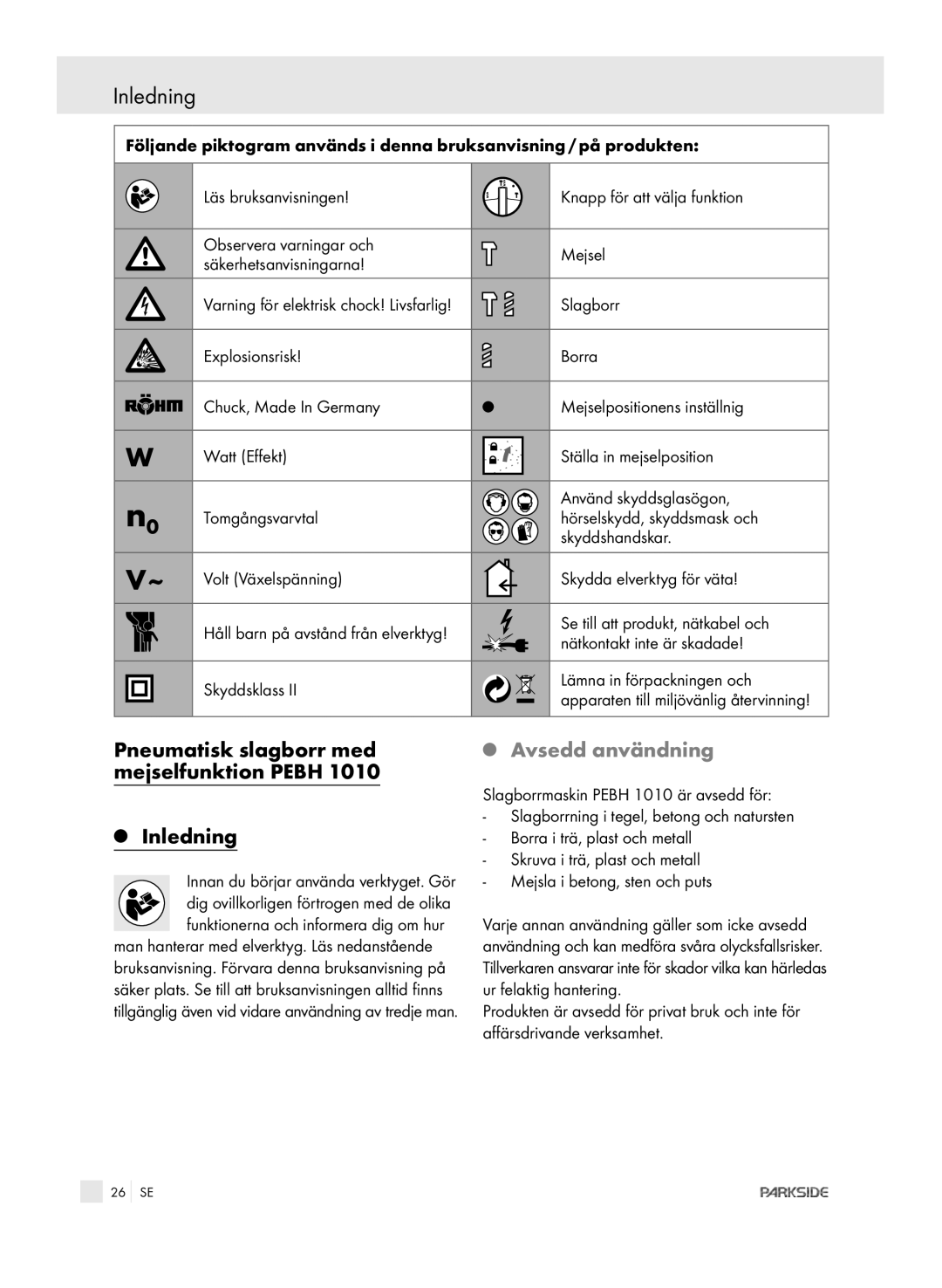 Kompernass PEBH 1010 manual Pneumatisk slagborr med mejselfunktion Pebh Inledning, Avsedd användning 