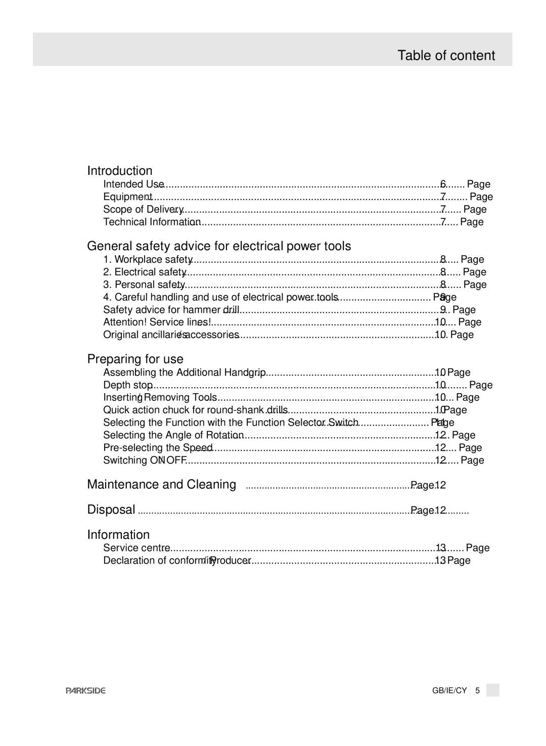 Kompernass PEBH 1010 Table of content, Introduction, General safety advice for electrical power tools, Preparing for use 