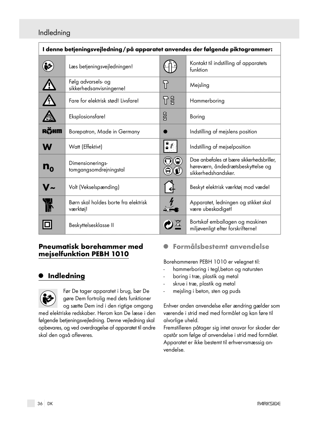 Kompernass PEBH 1010 manual Pneumatisk borehammer med mejselfunktion Pebh Indledning, Formålsbestemt anvendelse 