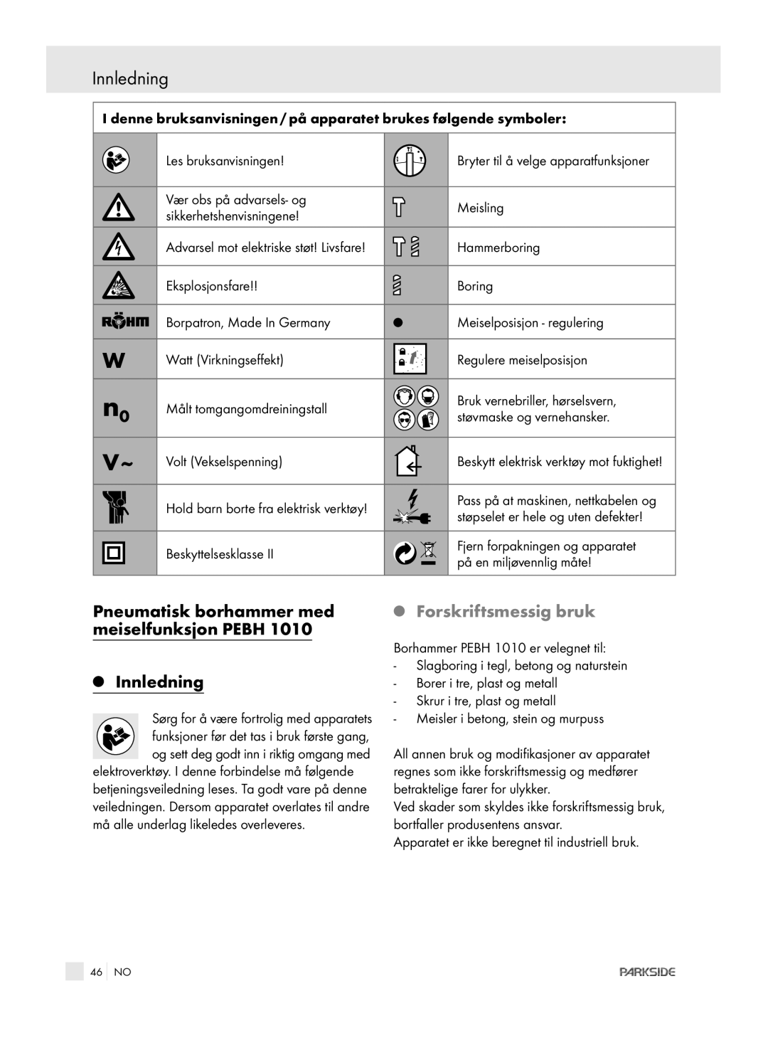 Kompernass PEBH 1010 manual Pneumatisk borhammer med meiselfunksjon Pebh Innledning, Forskriftsmessig bruk 