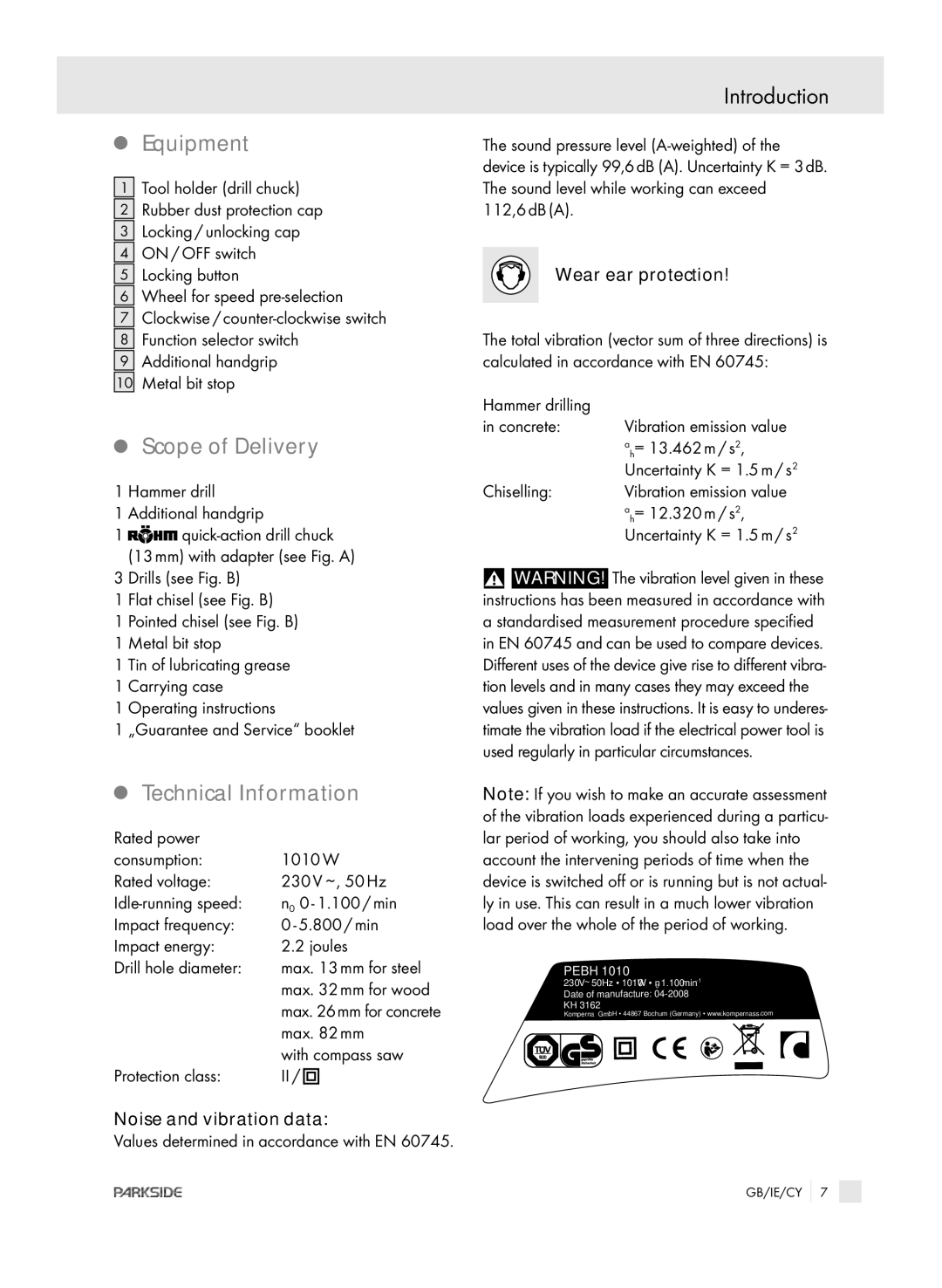 Kompernass PEBH 1010 manual Equipment, Scope of Delivery, Technical Information 