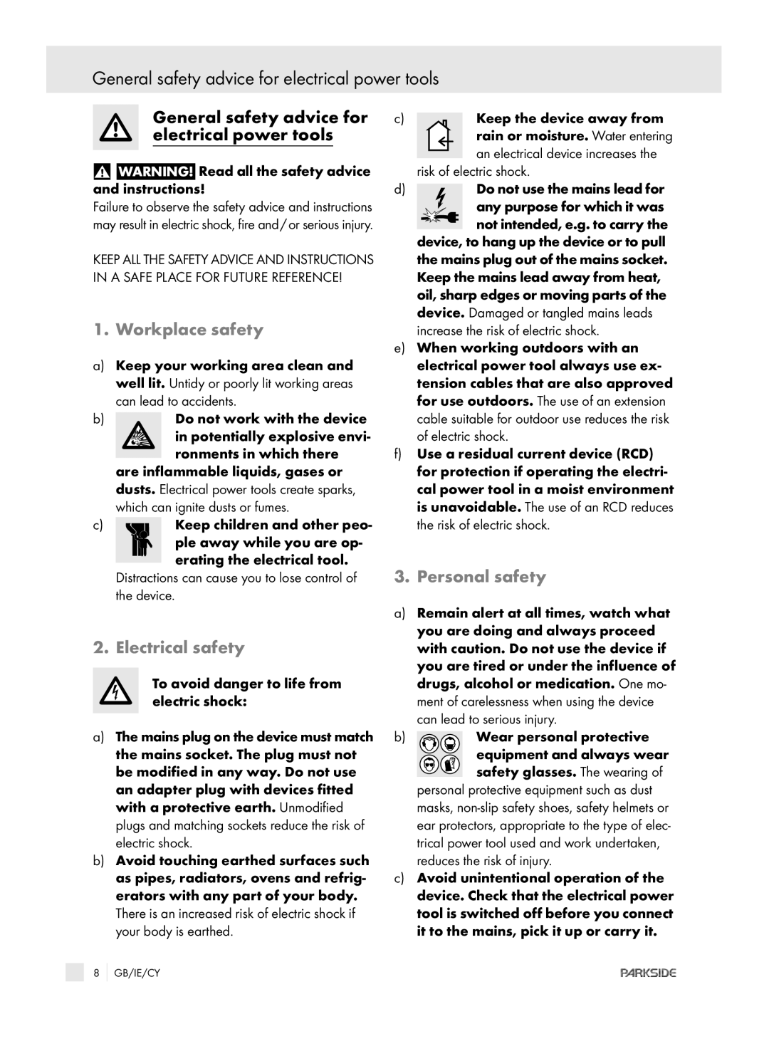 Kompernass PEBH 1010 manual General safety advice for electrical power tools, Workplace safety, Electrical safety 