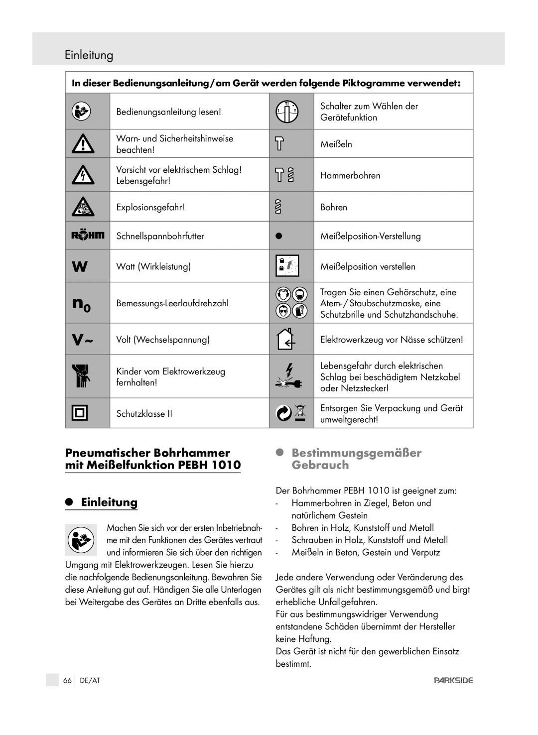 Kompernass PEBH 1010 manual Pneumatischer Bohrhammer mit Meißelfunktion Pebh Einleitung, Bestimmungsgemäßer Gebrauch 