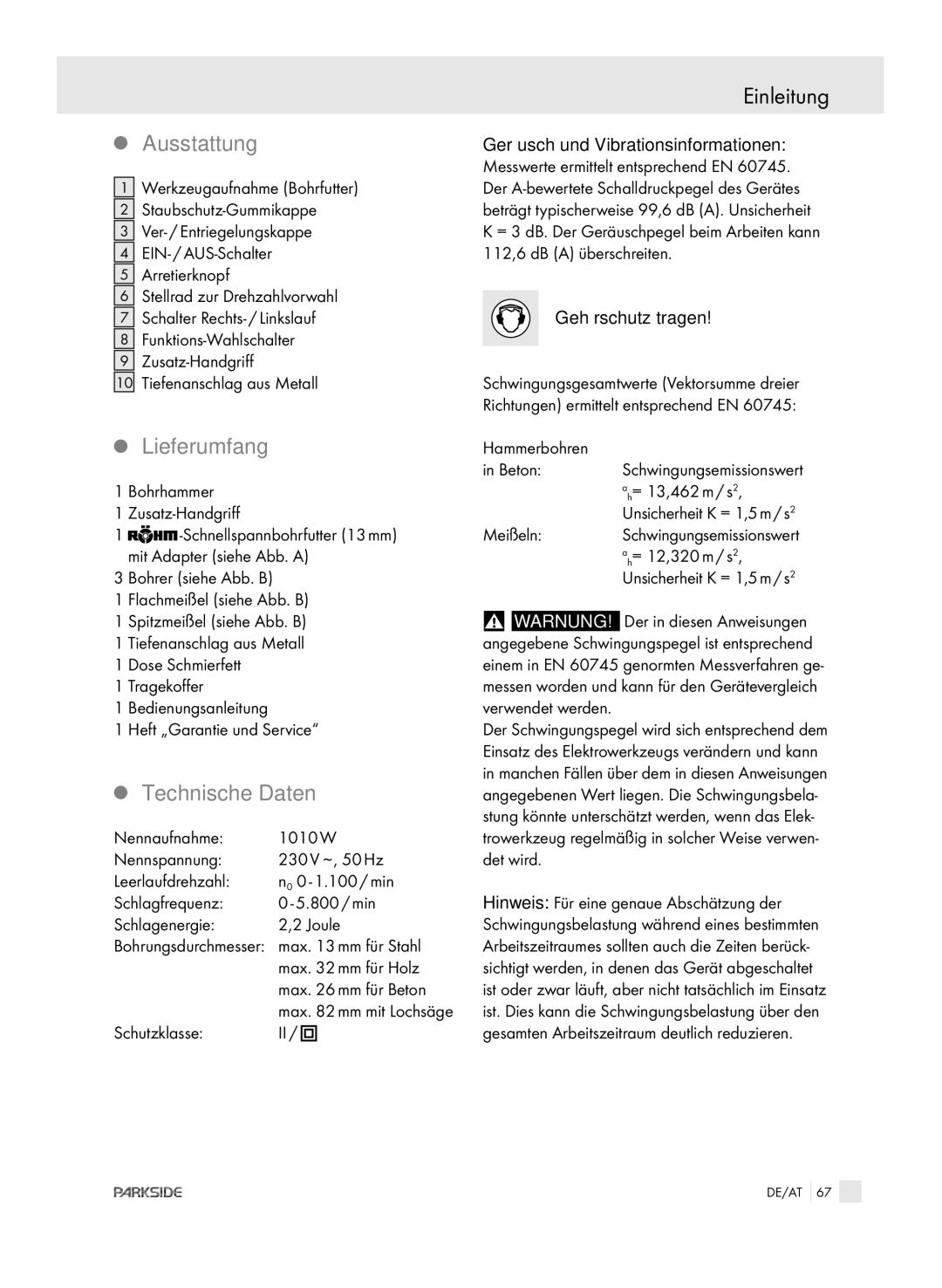 Kompernass PEBH 1010 manual Ausstattung, Lieferumfang, Technische Daten 