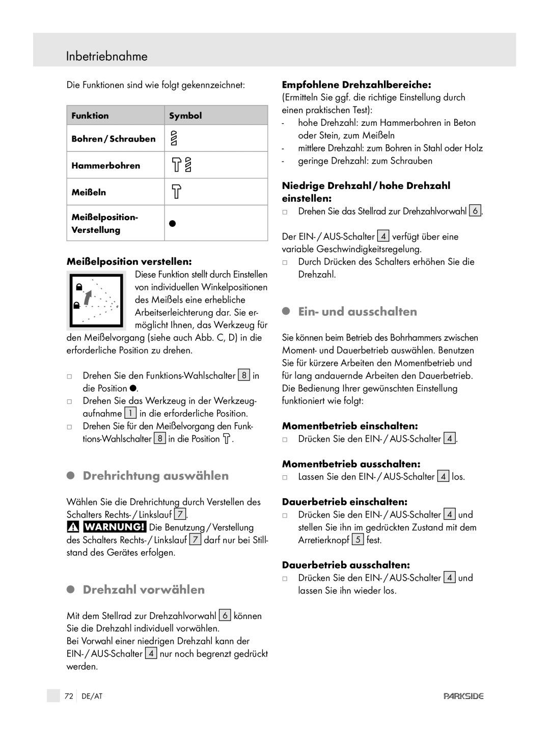 Kompernass PEBH 1010 manual Drehrichtung auswählen, Drehzahl vorwählen, Ein- und ausschalten 