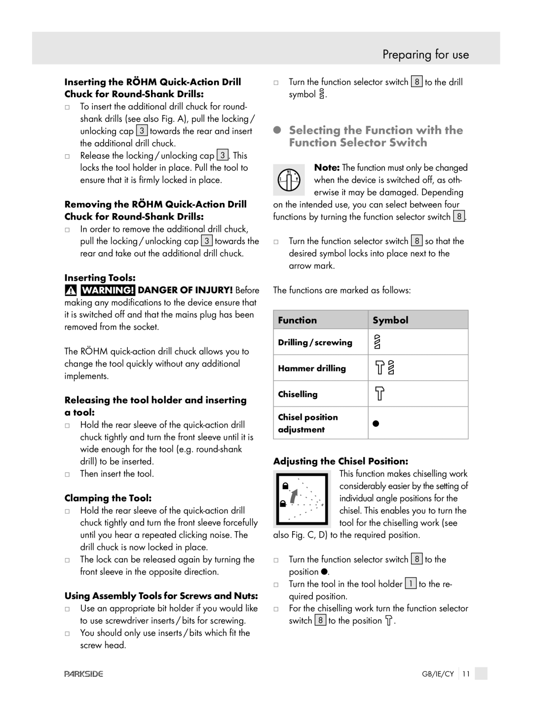 Kompernass PEBH 1010 manual Preparing for use, Selecting the Function with the Function Selector Switch 