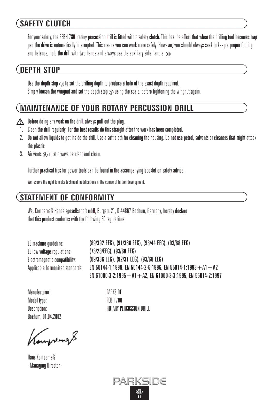 Kompernass PEBH 780 manual Safety Clutch, Depth Stop, Maintenance of Your Rotary Percussion Drill, Statement of Conformity 