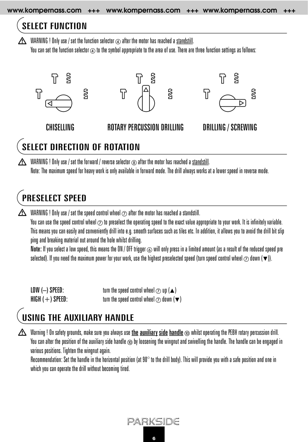 Kompernass PEBH 900 manual Select Function, Select Direction of Rotation, Preselect Speed 