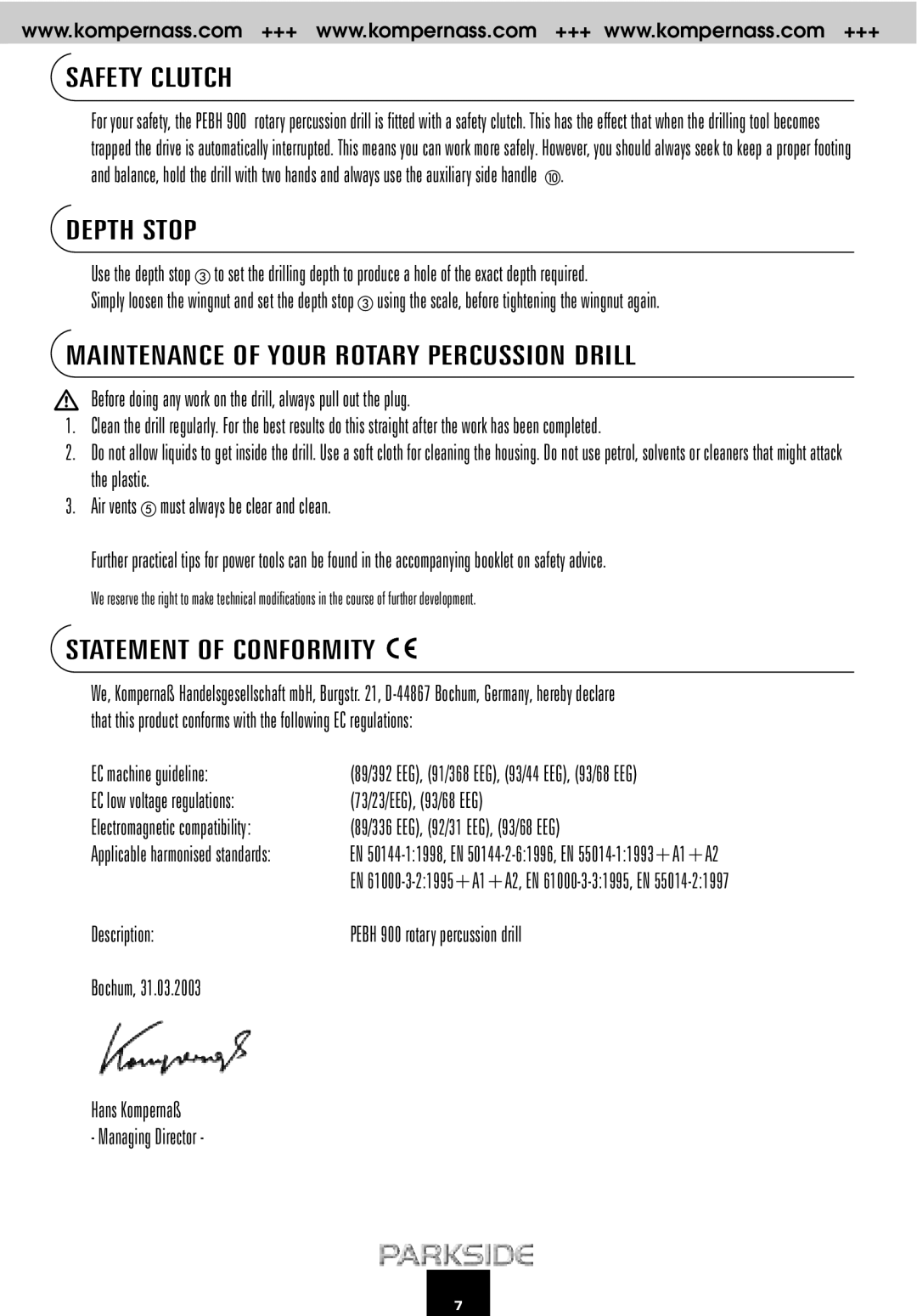 Kompernass PEBH 900 manual Safety Clutch, Depth Stop, Maintenance of Your Rotary Percussion Drill, Statement of Conformity 