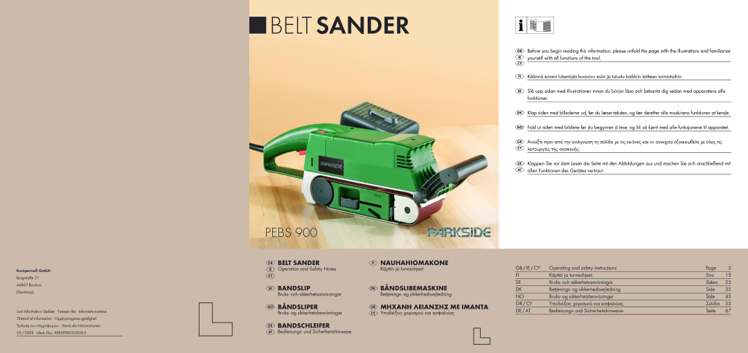 Kompernass PEBS 900 manual Bandschleifer, Operation and Safety Notes Käyttö- ja turvaohjeet 