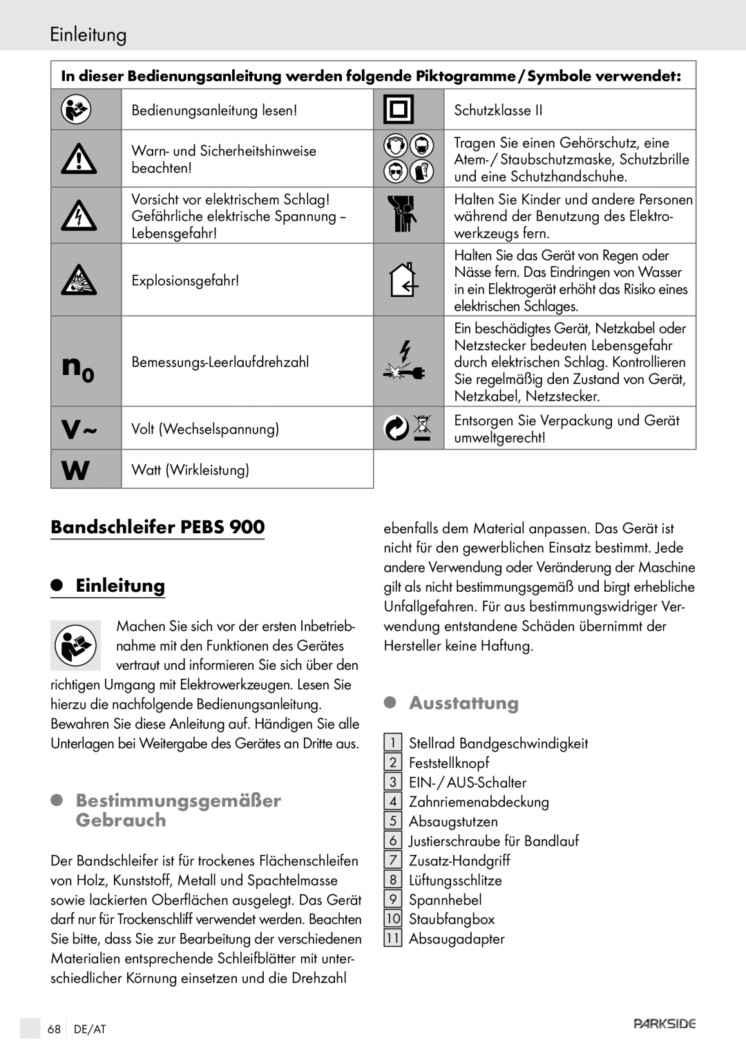 Kompernass PEBS 900 manual Bandschleifer Pebs Einleitung, Bestimmungsgemäßer Gebrauch, Ausstattung 