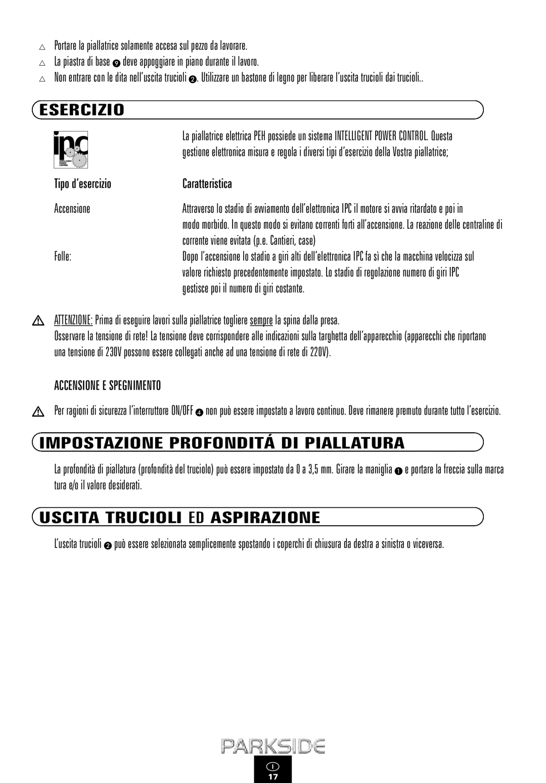 Kompernass PEH 900 manual Esercizio, Impostazione Profonditá DI Piallatura, Uscita Trucioli ED Aspirazione 