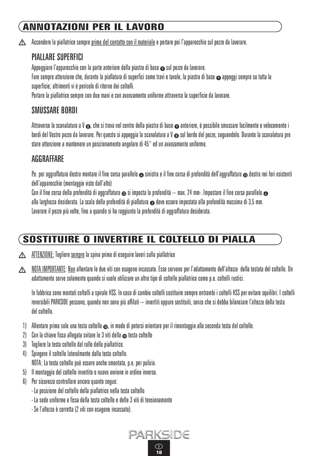 Kompernass PEH 900 manual Annotazioni PER IL Lavoro, Piallare Superfici, Smussare Bordi, Aggraffare 