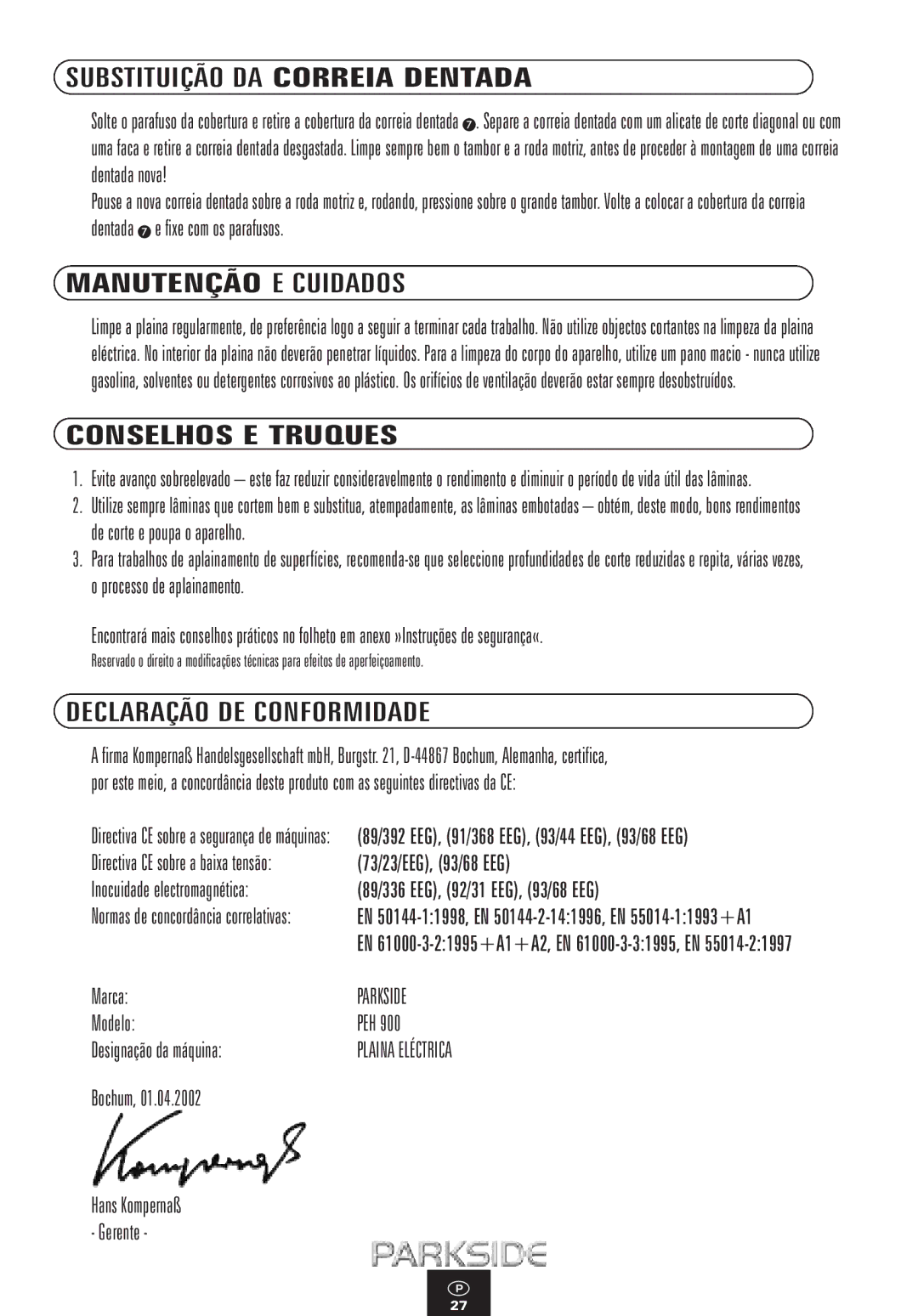 Kompernass PEH 900 Substituição DA Correia Dentada, Manutenção E Cuidados, Conselhos E Truques, Declaração DE Conformidade 