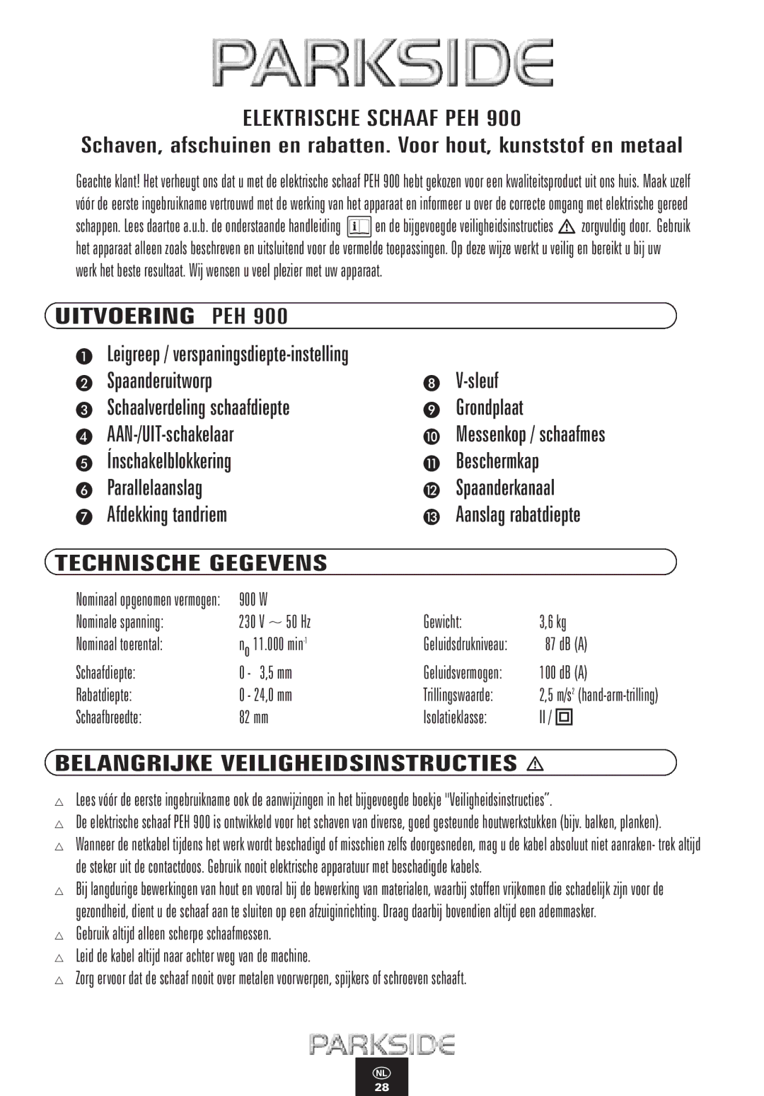 Kompernass PEH 900 manual Elektrische Schaaf PEH, Uitvoering PEH, Technische Gegevens, Belangrijke Veiligheidsinstructies 