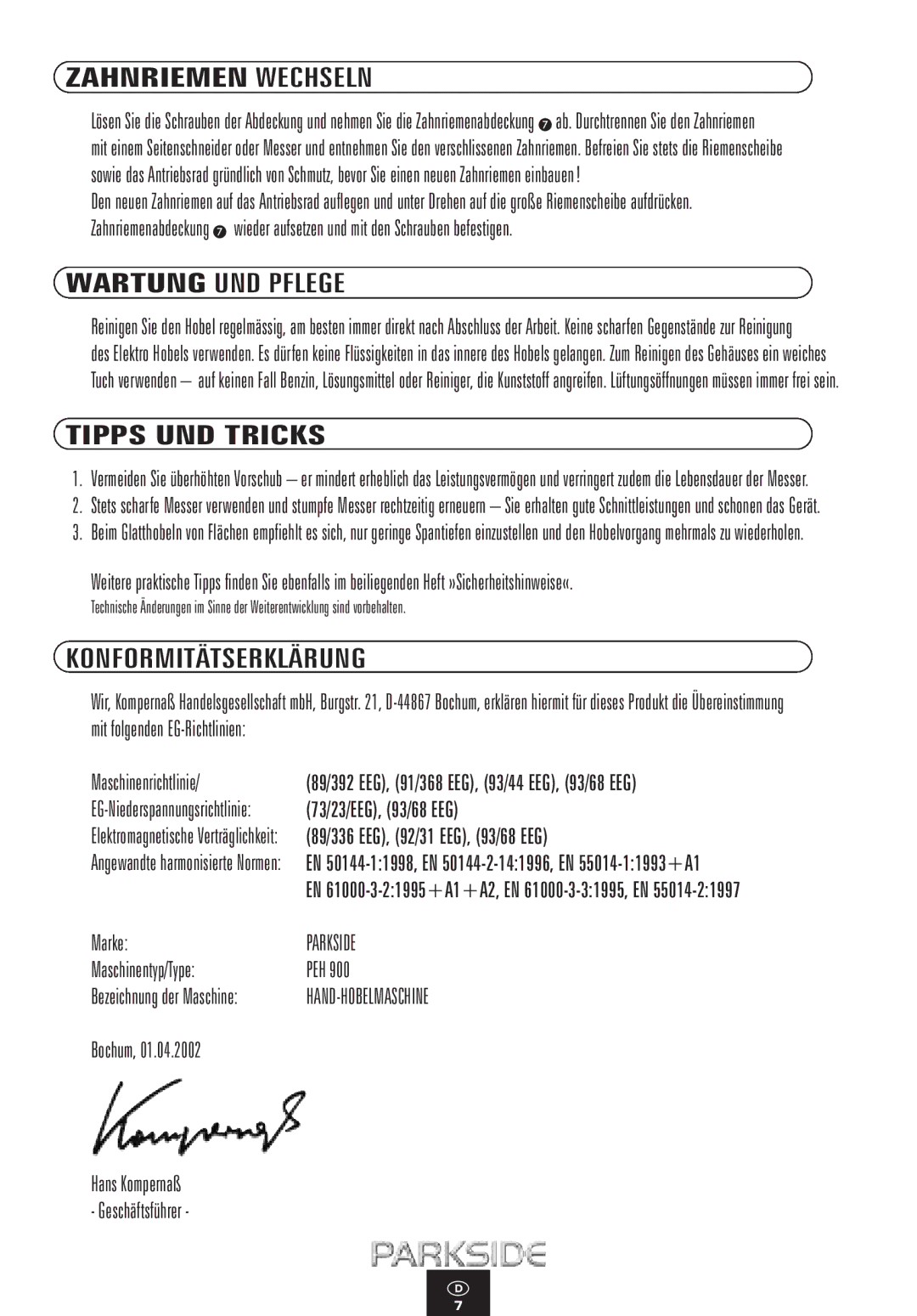 Kompernass PEH 900 manual Zahnriemen Wechseln, Wartung UND Pflege, Tipps UND Tricks, Konformitätserklärung 