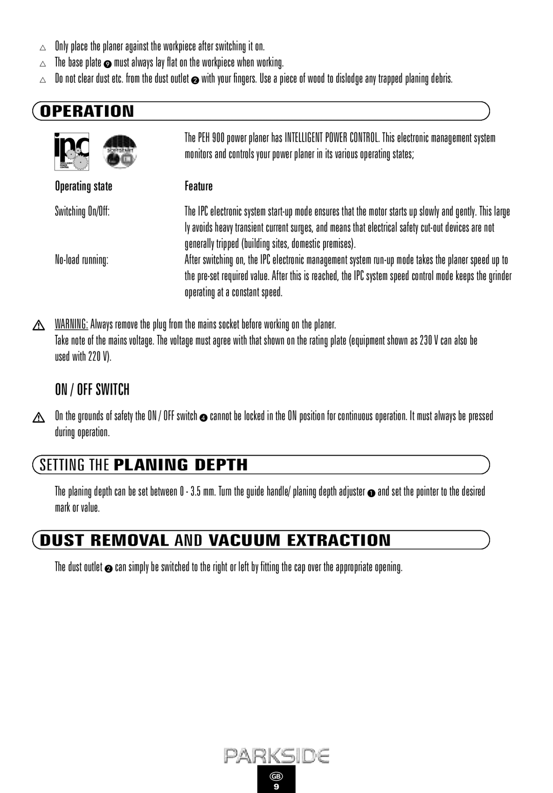 Kompernass PEH 900 manual Operation, On / OFF Switch, Setting the Planing Depth 