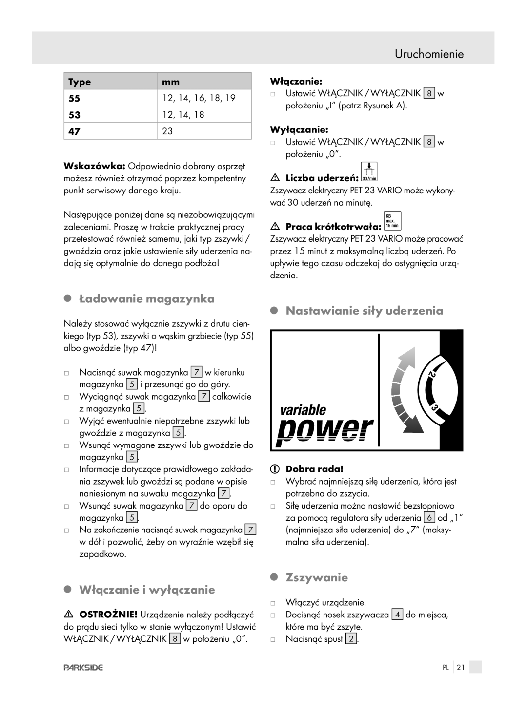 Kompernass PET 23 VARIO Uruchomienie, Ładowanie magazynka, Nastawianie siły uderzenia, Włączanie i wyłączanie Zszywanie 