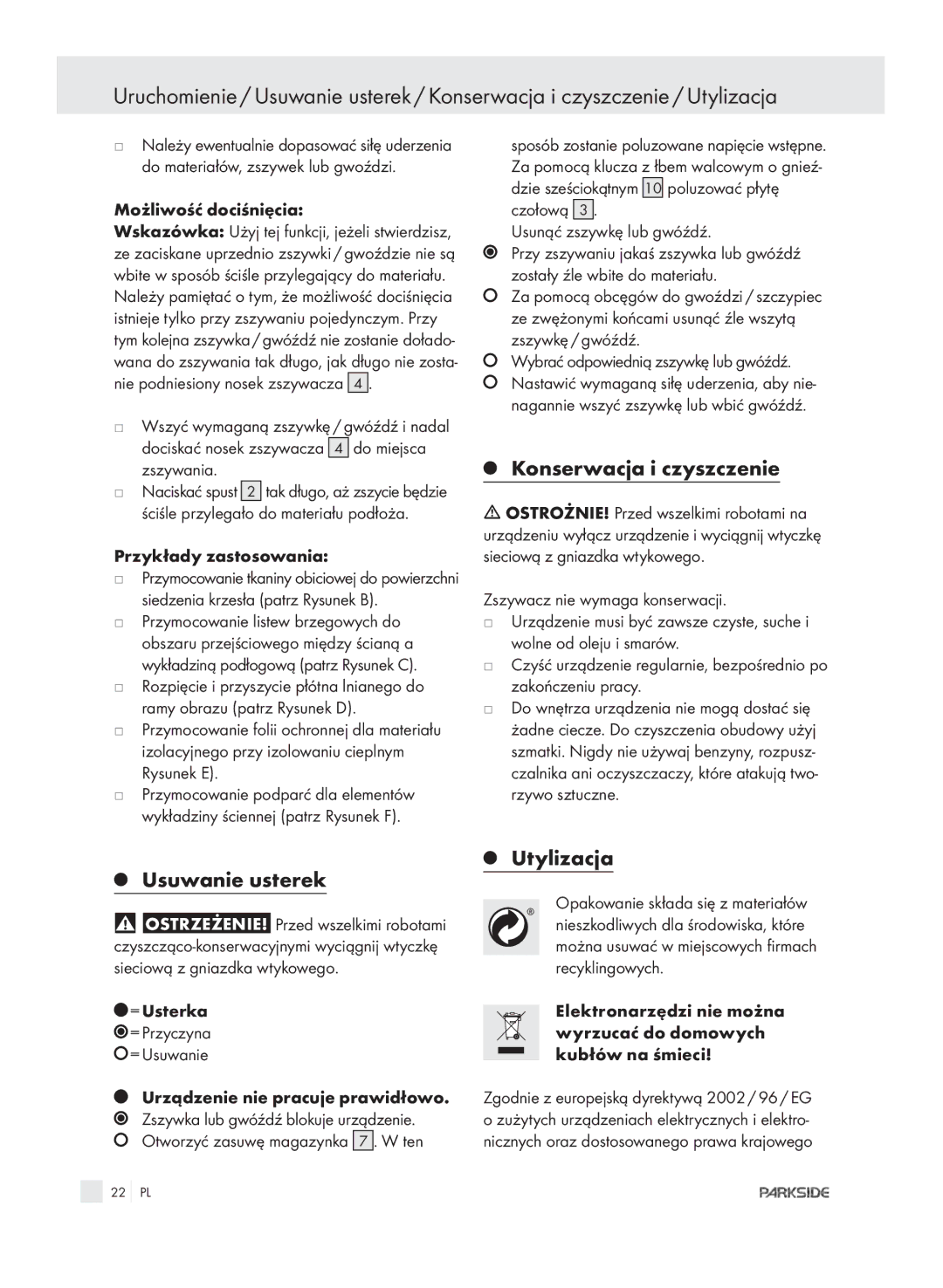 Kompernass PET 23 VARIO manual Konserwacja i czyszczenie, Usuwanie usterek, Utylizacja 