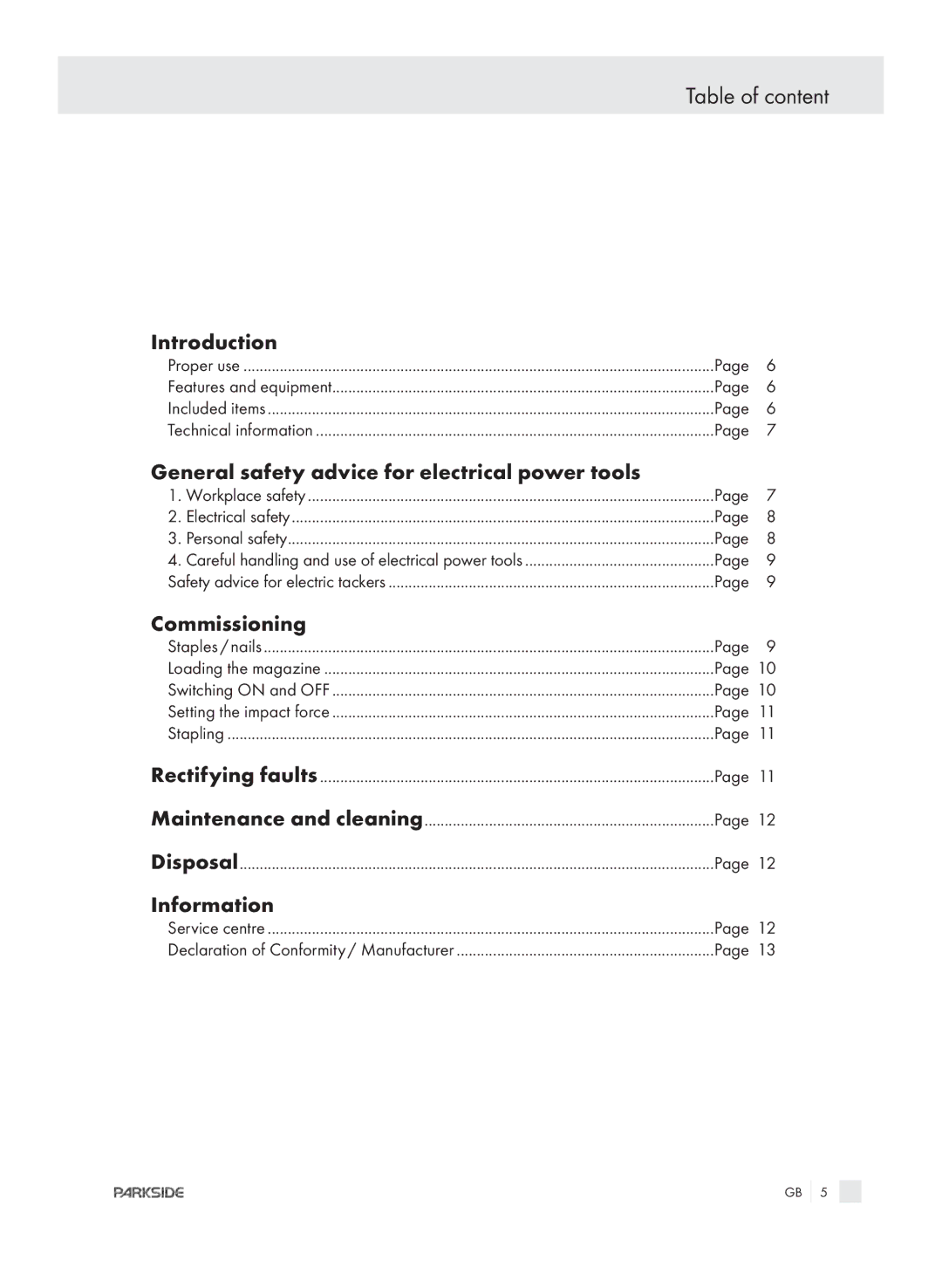 Kompernass PET 23 VARIO Table of content, Introduction, General safety advice for electrical power tools, Commissioning 