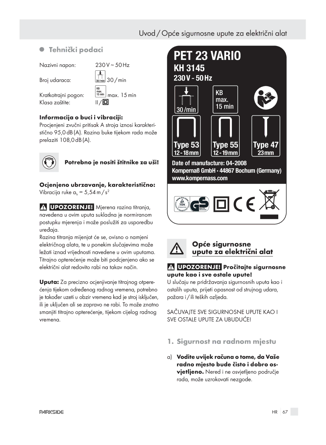 Kompernass PET 23 VARIO manual Uvod / Opće sigurnosne upute za električni alat, Tehnički podaci, Sigurnost na radnom mjestu 