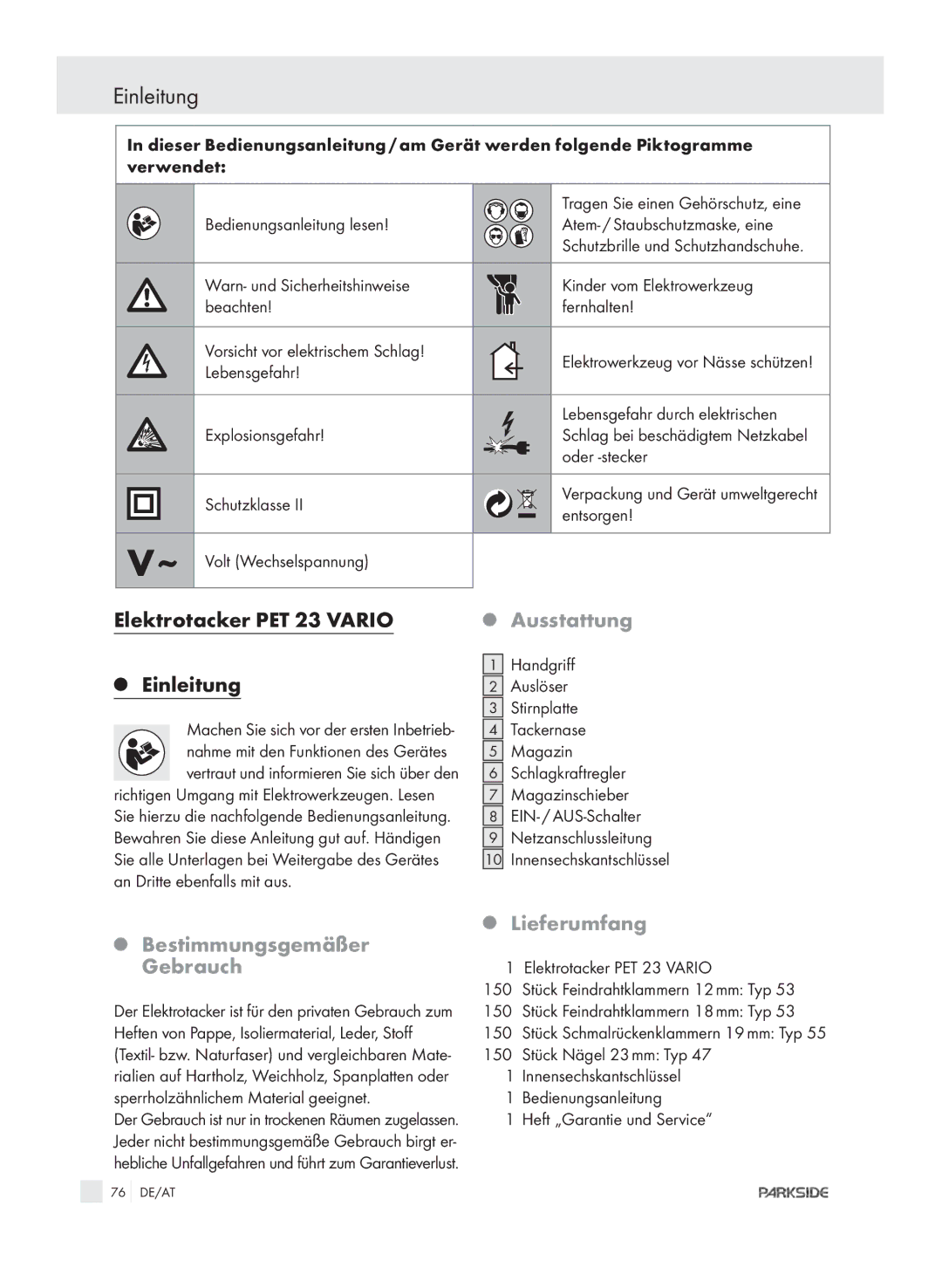 Kompernass PET 23 VARIO Elektrotacker PET 23 Vario Einleitung, Bestimmungsgemäßer Gebrauch, Ausstattung, Lieferumfang 