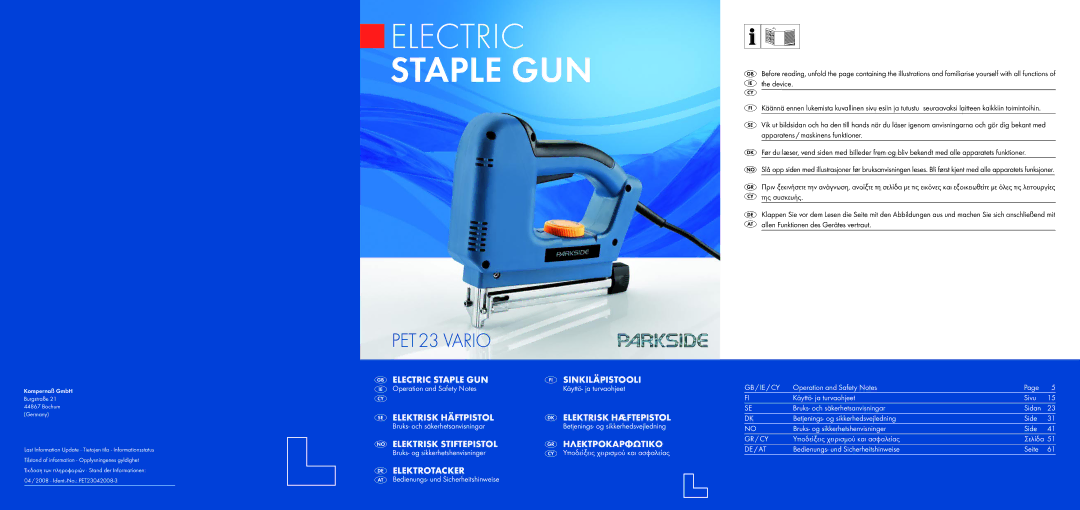 Kompernass PET 23 manual Electric Staple GUN 