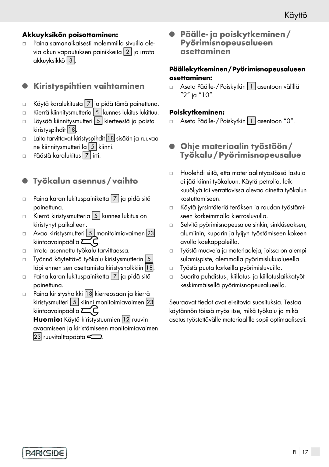 Kompernass PFBS 9, PFBS 6 V manual Käyttö, Kiristyspihtien vaihtaminen, Työkalun asennus / vaihto 