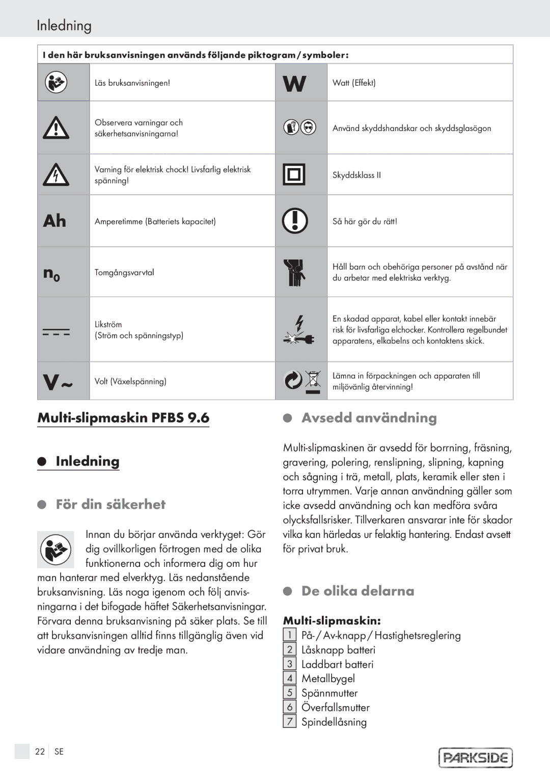 Kompernass PFBS 6 V, PFBS 9 Multi-slipmaskin Pfbs Inledning, För din säkerhet, Avsedd användning, De olika delarna 