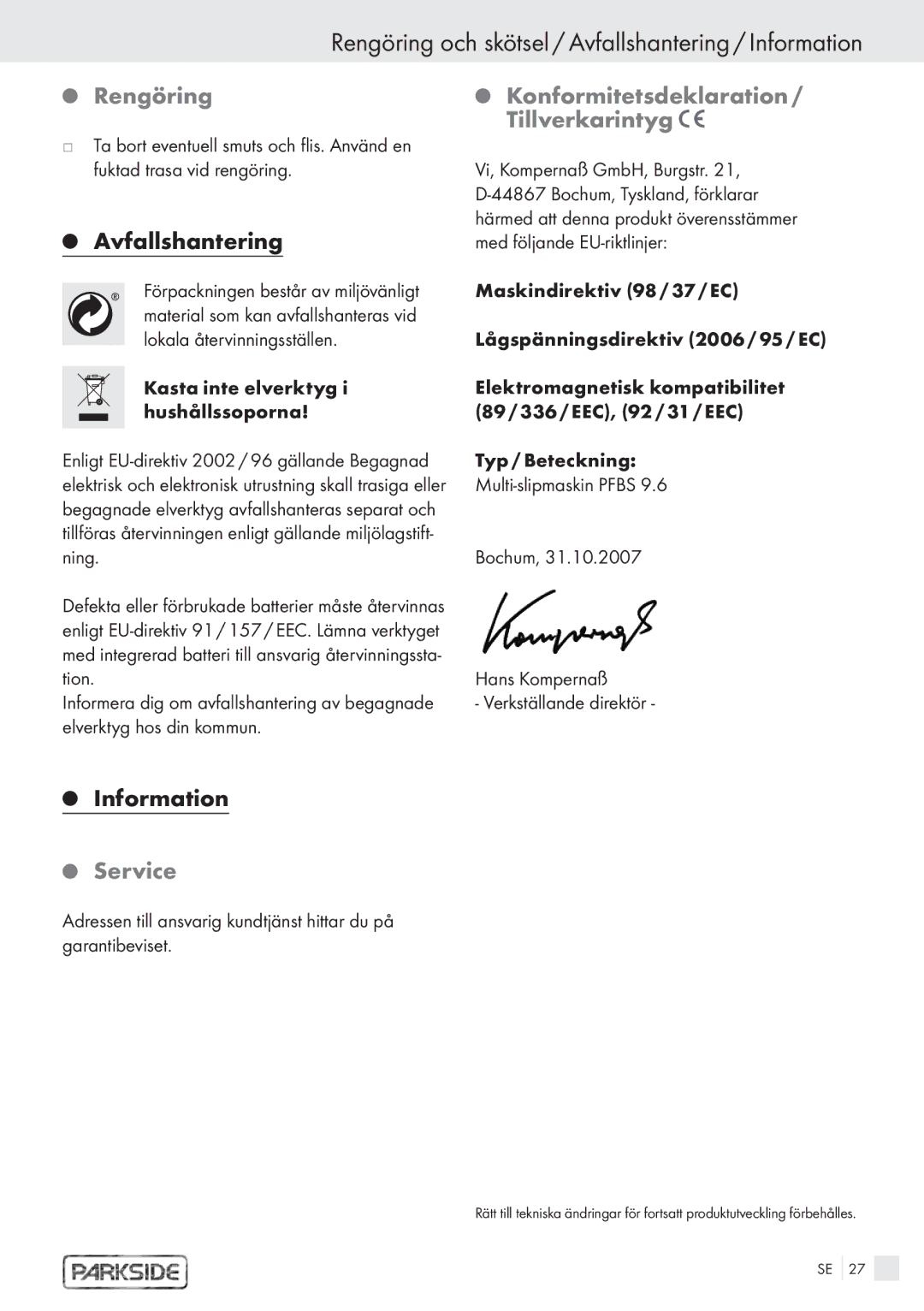 Kompernass PFBS 9 manual Rengöring och skötsel / Avfallshantering / Information, Konformitetsdeklaration / Tillverkarintyg 