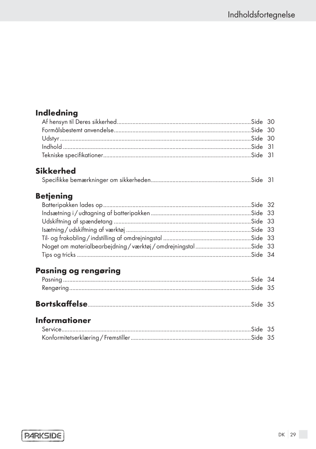 Kompernass PFBS 9, PFBS 6 V manual Indholdsfortegnelse 