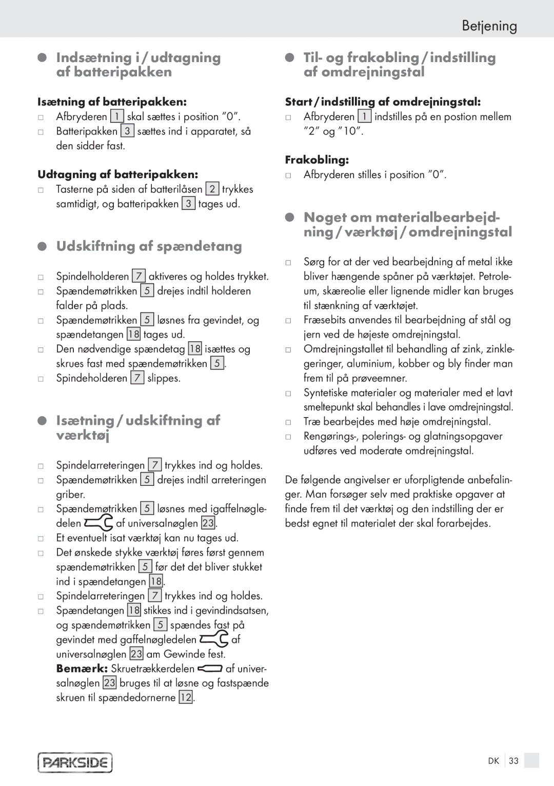 Kompernass PFBS 9, PFBS 6 V manual Betjening 