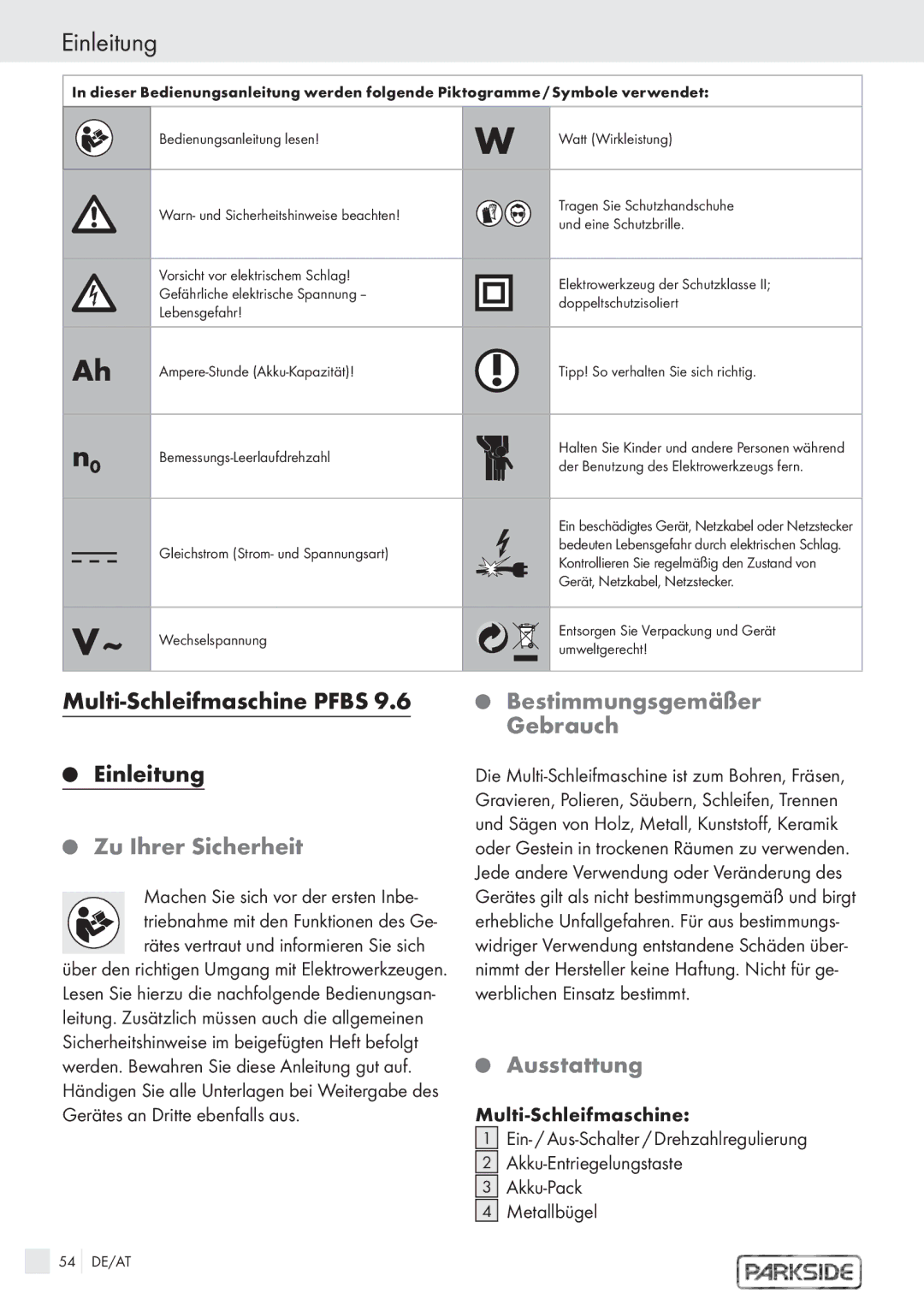 Kompernass PFBS 6 V, PFBS 9 Multi-Schleifmaschine Pfbs Einleitung, Zu Ihrer Sicherheit, Bestimmungsgemäßer Gebrauch 