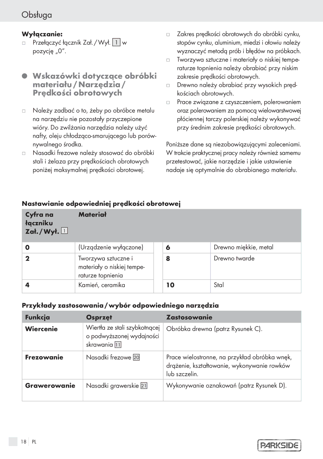 Kompernass PFBS 9.6V Wyłączanie Przełączyć łącznik Zał. / Wył w pozycję „0, Obróbka drewna patrz Rysunek C, Frezowanie 