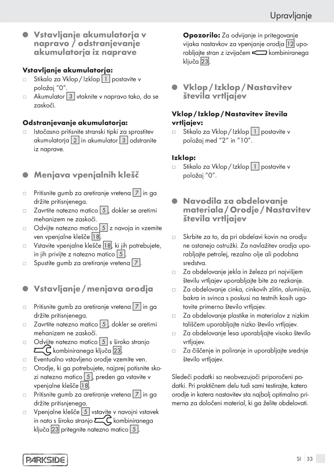 Kompernass PFBS 9.6V manual Upravljanje, Menjava vpenjalnih klešč, Vstavljanje / menjava orodja 