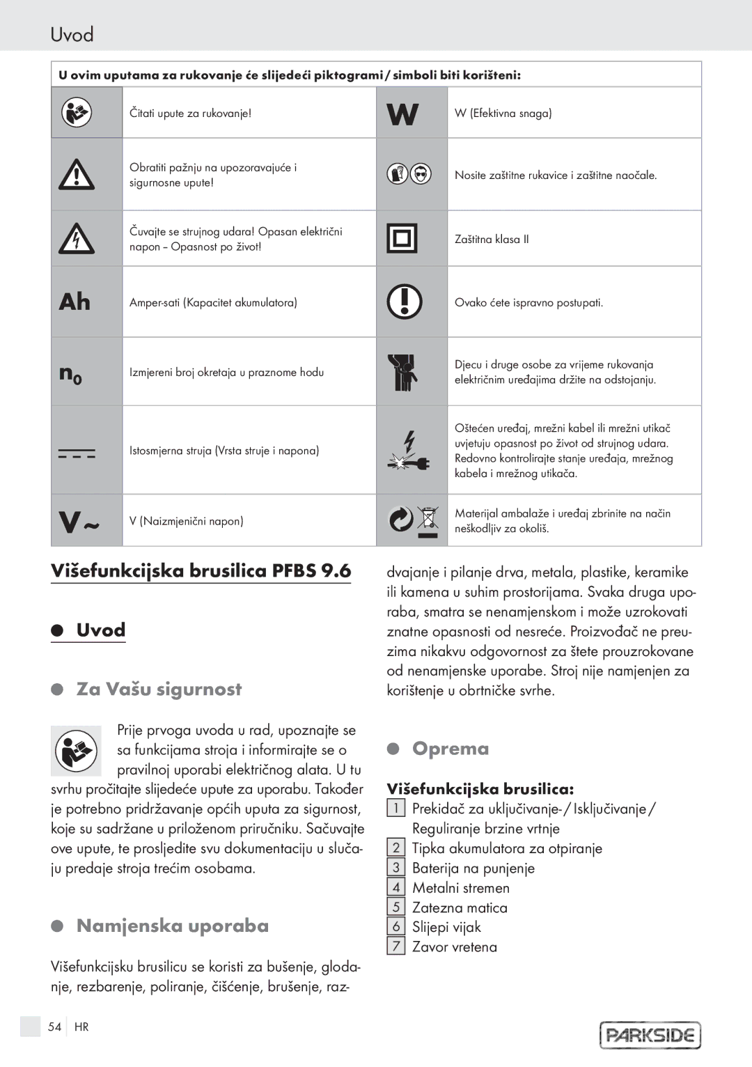 Kompernass PFBS 9.6V manual Višefunkcijska brusilica Pfbs Uvod, Za Vašu sigurnost, Namjenska uporaba 