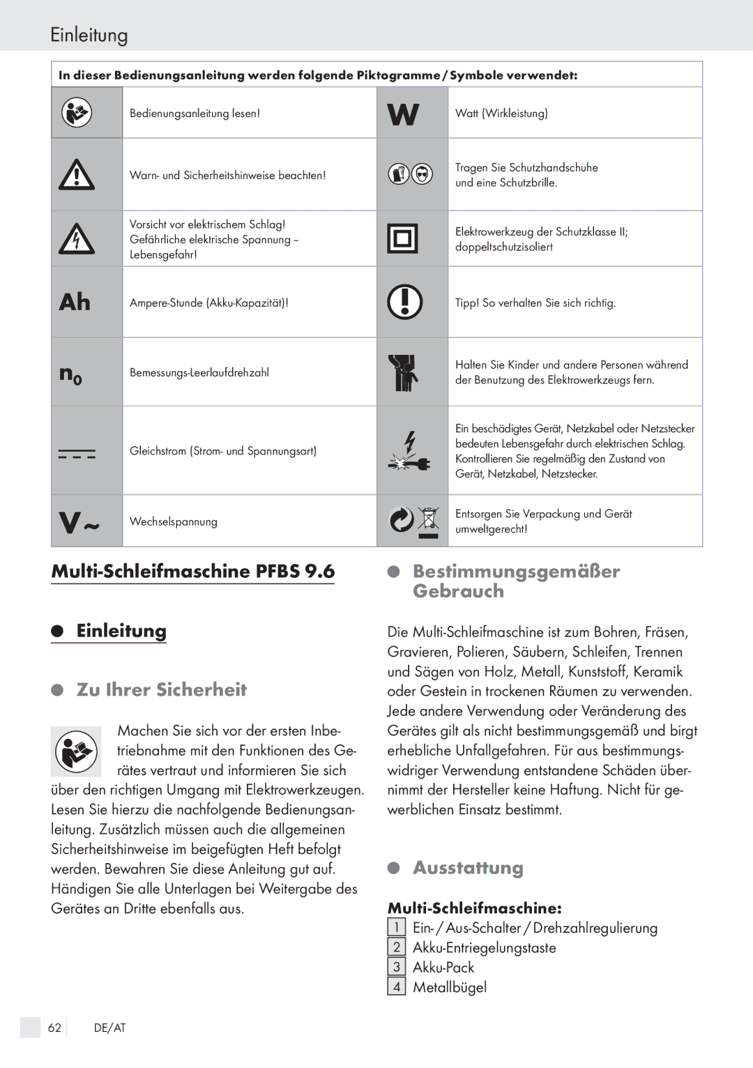 Kompernass PFBS 9.6V manual Multi-Schleifmaschine Pfbs Einleitung, Zu Ihrer Sicherheit, Bestimmungsgemäßer Gebrauch 