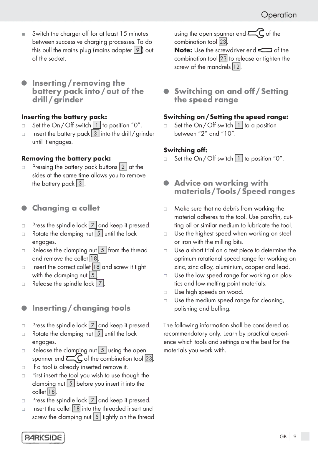 Kompernass PFBS 9.6V manual Changing a collet, Inserting / changing tools, Switching on and off / Setting the speed range 